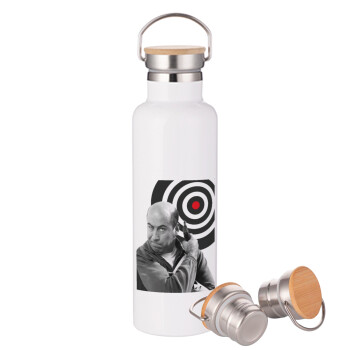 Θου Βου Φαλακρός Πράκτωρ, Μεταλλικό παγούρι θερμός (Stainless steel) Λευκό με ξύλινο καπάκι (bamboo), διπλού τοιχώματος, 750ml