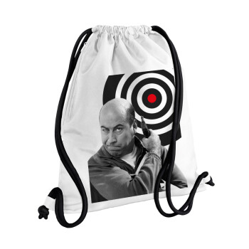 Θου Βου Φαλακρός Πράκτωρ, Τσάντα πλάτης πουγκί GYMBAG λευκή, με τσέπη (40x48cm) & χονδρά κορδόνια