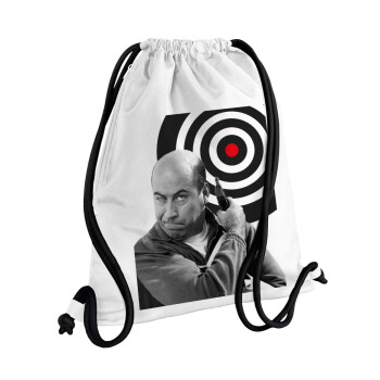 Θου Βου Φαλακρός Πράκτωρ, Backpack pouch GYMBAG white, with pocket (40x48cm) & thick cords