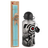 Easter Set, metallic silver aluminum water bottle (500ml) & scented flat Easter candle (30cm) (TURQUOISE)