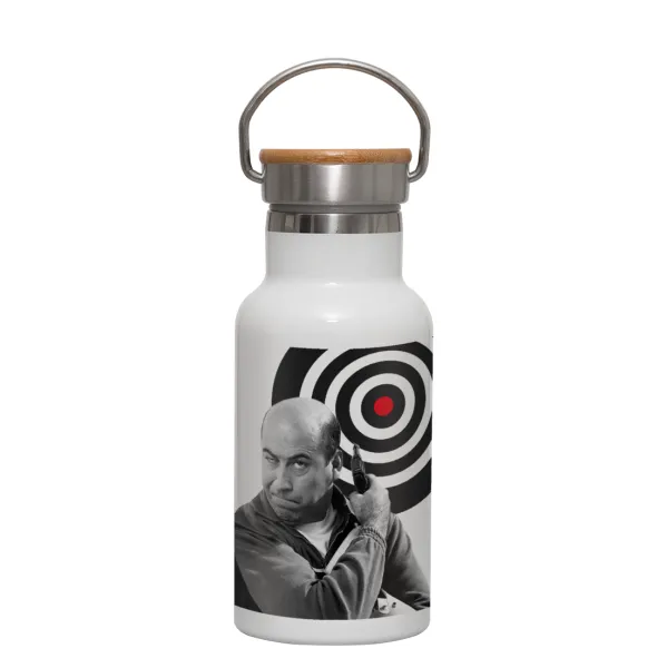 Θου Βου Φαλακρός Πράκτωρ — Metallic thermos (Stainless steel) White with wooden lid (bamboo), double-walled, 350ml