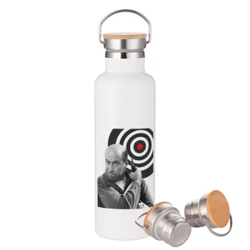 Θου Βου Φαλακρός Πράκτωρ, Μεταλλικό παγούρι θερμός (Stainless steel) Λευκό με ξύλινο καπάκι (bamboo), διπλού τοιχώματος, 750ml