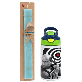 Θου Βου Φαλακρός Πράκτωρ, Easter Set, Children's thermal stainless steel bottle with safety straw, green/blue (350ml) & aromatic flat Easter candle (30cm) (TURQUOISE)