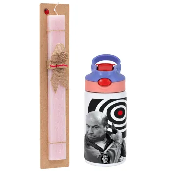 Θου Βου Φαλακρός Πράκτωρ, Easter Set, Children's thermal stainless steel water bottle with safety straw, pink/purple (350ml) & Easter scented flat candle (30cm) (PINK)