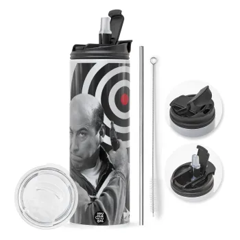 Θου Βου Φαλακρός Πράκτωρ, Travel Tumbler θερμό με διπλό καπάκι, μεταλλικό καλαμάκι και βούρτσα καθαρισμού (Ανωξείδωτο 304 Food grade, BPA free, 600ml)