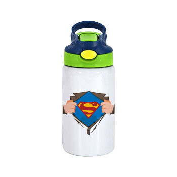 Superman hands, Children's hot water bottle, stainless steel, with safety straw, green, blue (350ml)
