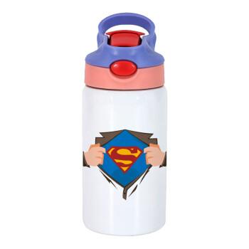 Superman hands, Children's hot water bottle, stainless steel, with safety straw, pink/purple (350ml)