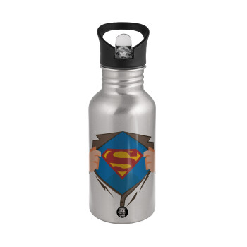Superman hands, Water bottle Silver with straw, stainless steel 500ml