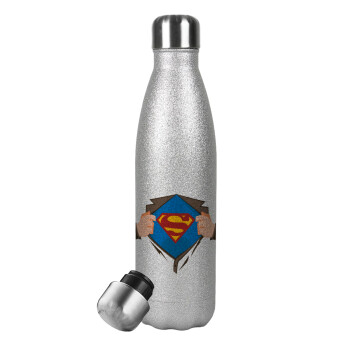 Superman hands, Μεταλλικό παγούρι θερμός Glitter Aσημένιο (Stainless steel), διπλού τοιχώματος, 500ml