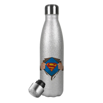Superman hands, Metallic Glitter Silver Thermos Flask (Stainless steel), double-walled, 500ml