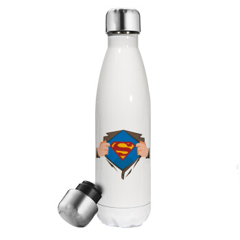 Superman hands, Μεταλλικό παγούρι θερμός Λευκό (Stainless steel), διπλού τοιχώματος, 500ml