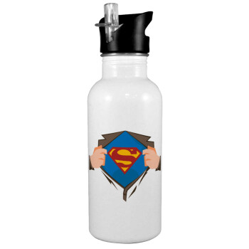 Superman hands, Παγούρι νερού Λευκό με καλαμάκι, ανοξείδωτο ατσάλι 600ml