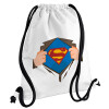 Superman hands, Τσάντα πλάτης πουγκί GYMBAG λευκή, με τσέπη (40x48cm) & χονδρά κορδόνια