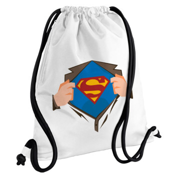 Superman hands, Backpack pouch GYMBAG white, with pocket (40x48cm) & thick cords