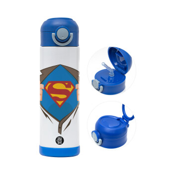 Superman hands, Παιδικό παγούρι θερμό, ανοξείδωτο, με καλαμάκι ασφαλείας, ΜΠΛΕ (500ml)