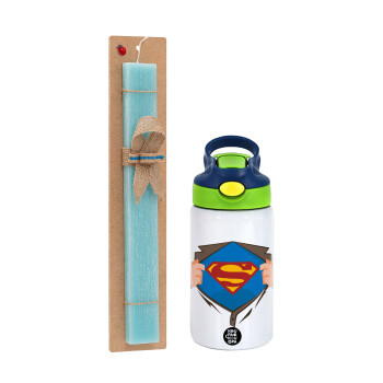 Superman hands, Easter Set, Children's thermal stainless steel bottle with safety straw, green/blue (350ml) & aromatic flat Easter candle (30cm) (TURQUOISE)