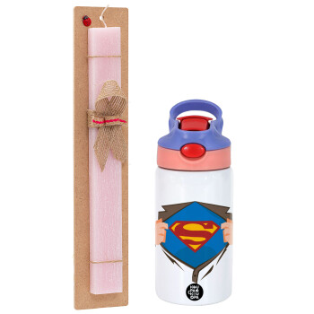Superman hands, Πασχαλινό Σετ, Παιδικό παγούρι θερμό, ανοξείδωτο, με καλαμάκι ασφαλείας, ροζ/μωβ (350ml) & πασχαλινή λαμπάδα αρωματική πλακέ (30cm) (ΡΟΖ)