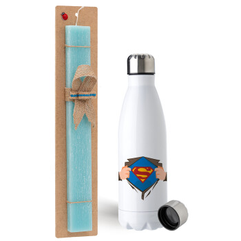 Superman hands, Easter Set, metallic stainless steel water bottle (750ml) & aromatic flat Easter candle (30cm) (TURQUOISE)