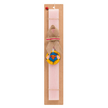 Superman hands, Πασχαλινό Σετ, ξύλινο μπρελόκ & πασχαλινή λαμπάδα αρωματική πλακέ (30cm) (ΡΟΖ)