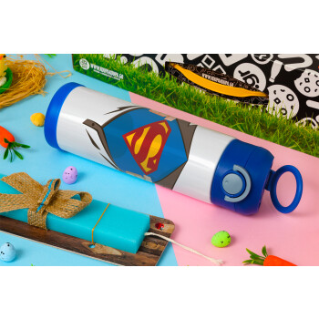 Superman hands, Easter candle, Childrens hot water bottle, stainless steel, with safety straw, BLUE (500ml)