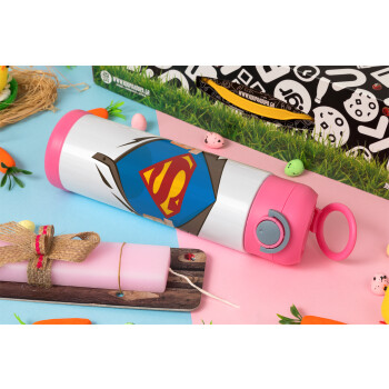 Superman hands, Πασχαλινή Λαμπάδα με Παιδικό παγούρι θερμό, ανοξείδωτο, με καλαμάκι ασφαλείας, ΡΟΖ (500ml)