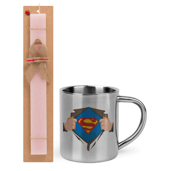 Superman hands, Easter Set, metallic thermal cup (300ml) & aromatic flat Easter candle (30cm) (PINK)