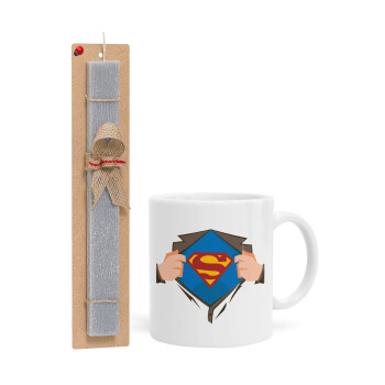 Superman hands, Πασχαλινό Σετ, Κούπα κεραμική (330ml) & πασχαλινή λαμπάδα αρωματική πλακέ (30cm) (ΓΚΡΙ)