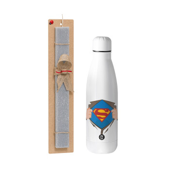 Superman hands, Easter Set, metallic stainless thermos bottle (500ml) & scented flat Easter candle (30cm) (GRAY)