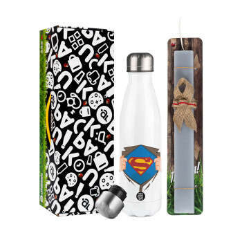 Superman hands, Easter candle, metallic white thermos bottle (500ml) & aromatic flat candle (30cm) (GRAY)