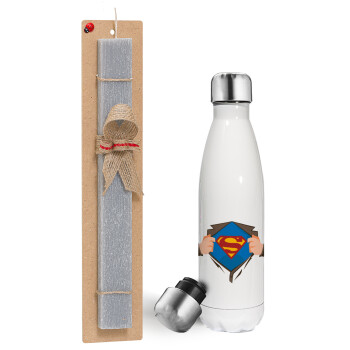 Superman hands, Πασχαλινή λαμπάδα, μεταλλικό παγούρι θερμός λευκός (500ml) & λαμπάδα αρωματική πλακέ (30cm) (ΓΚΡΙ)