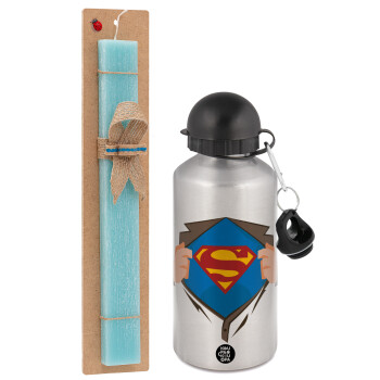 Superman hands, Easter Set, metallic silver aluminum water bottle (500ml) & scented flat Easter candle (30cm) (TURQUOISE)