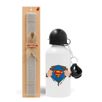 Superman hands, Πασχαλινό Σετ, παγούρι μεταλλικό  αλουμινίου (500ml) & πασχαλινή λαμπάδα αρωματική πλακέ (30cm) (ΓΚΡΙ)