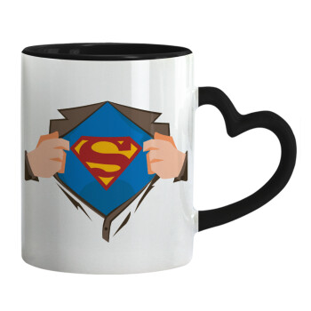 Superman hands, Mug heart black handle, ceramic, 330ml
