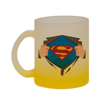 Superman hands, Κούπα γυάλινη δίχρωμη με βάση το κίτρινο ματ, 330ml