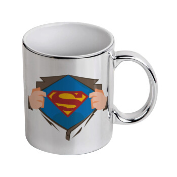 Superman hands, Mug ceramic, silver mirror, 330ml
