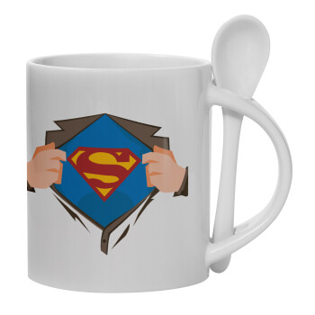 Superman hands, Ceramic coffee mug with Spoon, 330ml (1pcs)