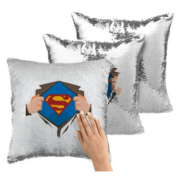 Superman hands, Μαξιλάρι καναπέ Μαγικό Ασημένιο με πούλιες 40x40cm περιέχεται το γέμισμα