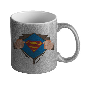 Superman hands, Κούπα Ασημένια Glitter που γυαλίζει, κεραμική, 330ml