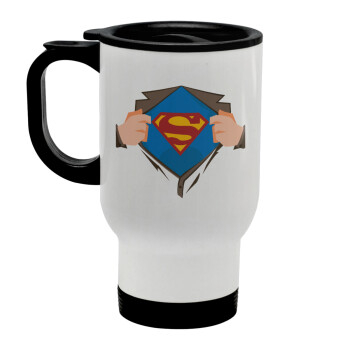 Superman hands, Κούπα ταξιδιού ανοξείδωτη με καπάκι, διπλού τοιχώματος (θερμό) λευκή 450ml