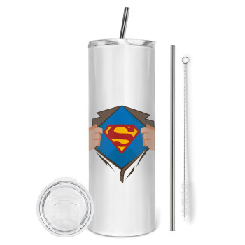 Superman hands, Eco friendly ποτήρι θερμό (tumbler) από ανοξείδωτο ατσάλι 600ml, με μεταλλικό καλαμάκι & βούρτσα καθαρισμού