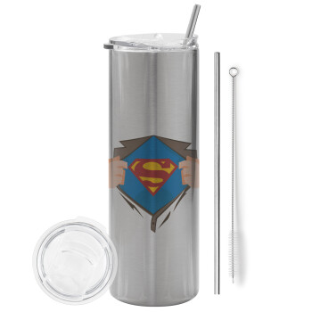 Superman hands, Eco friendly stainless steel Silver tumbler 600ml, with metal straw & cleaning brush
