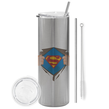 Superman hands, Tumbler ποτήρι θερμό Ασημένιο από ανοξείδωτο ατσάλι 600ml, με μεταλλικό καλαμάκι & βούρτσα καθαρισμού