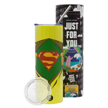 Superman hands, Neon Yellow Travel Tumbler θερμό, μεταλλικό καλαμάκι(Ανωξείδωτο 304 Food grade, BPA free, 600ml)