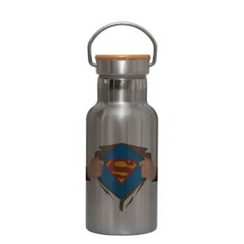 Superman hands, Μεταλλικό παγούρι θερμός (Stainless steel) Ασημένιο με ξύλινο καπακι (bamboo), διπλού τοιχώματος, 350ml