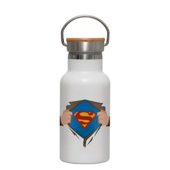 Superman hands, Metallic thermos (Stainless steel) White with wooden lid (bamboo), double-walled, 350ml