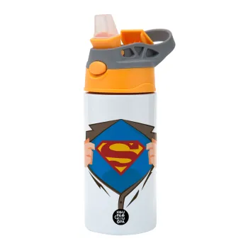 Superman hands, Children's hot water bottle, stainless steel, with safety straw, Orange/Grey (360ml) BPA-FREE