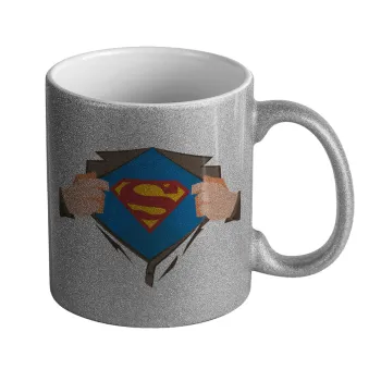 Superman hands, Κούπα Ασημένια Glitter που γυαλίζει, κεραμική, 330ml