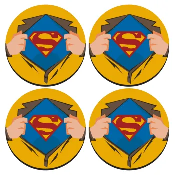 Superman hands, SET of 4 round wooden coasters (9cm)