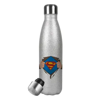 Superman hands, Metallic Glitter Silver Thermos Flask (Stainless steel), double-walled, 500ml