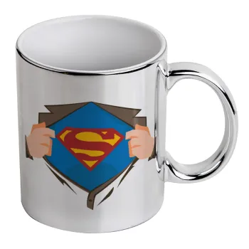 Superman hands, Mug ceramic, silver mirror, 330ml